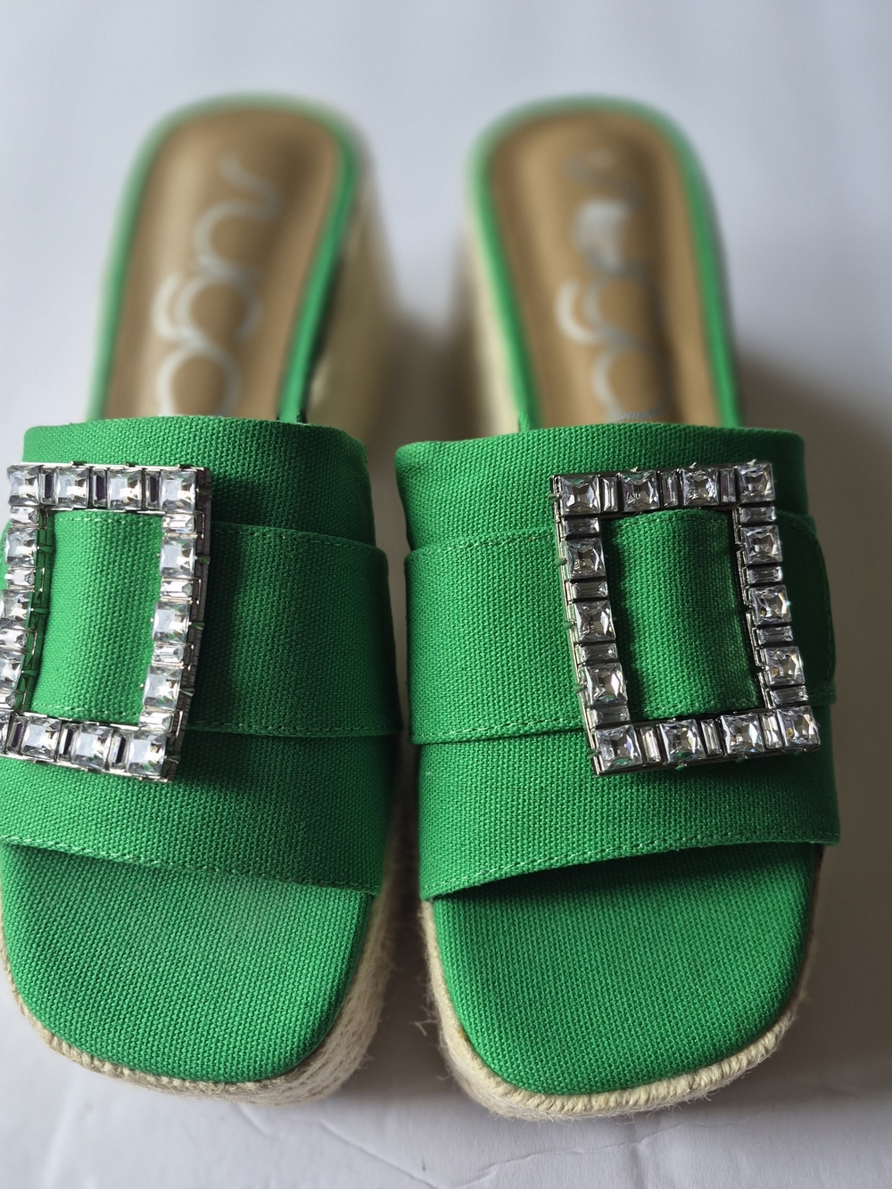 Sugar Green Embellished Slide Mules with Crystal Buckle